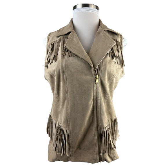 Chico’s Faux Suede Fringe Vest Moto Zip Front Tan Brown Women's Size 2 Large 12 - Picture 2 of 13